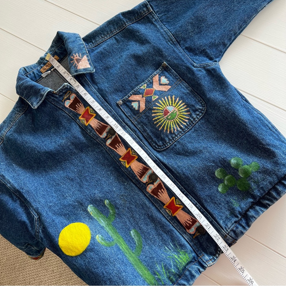 Hand Painted Vintage Ruff Hewn Denim Jean Jacket Southwest Aztec Desert Cactus S - Picture 12 of 16